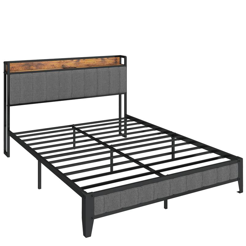 Dark Gray Full Size Metal Platform Bed with Charging Station and Upholstered Headboard