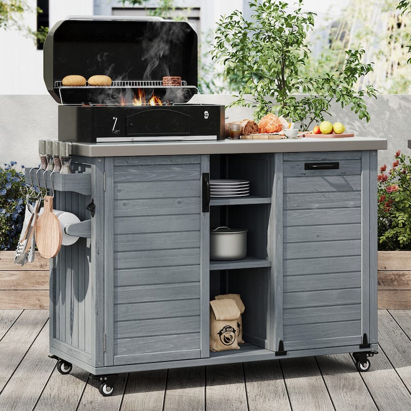 78.3" Outdoor Kitchen Island with Foldable Grill Table, Wooden Outdoor Grill Cart with Trash Can Storage & Stainless Steel Top