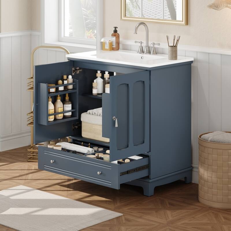 30" Wooden Bathroom Ceramic Sink Cabinet with Shelf, Drawer with Divider