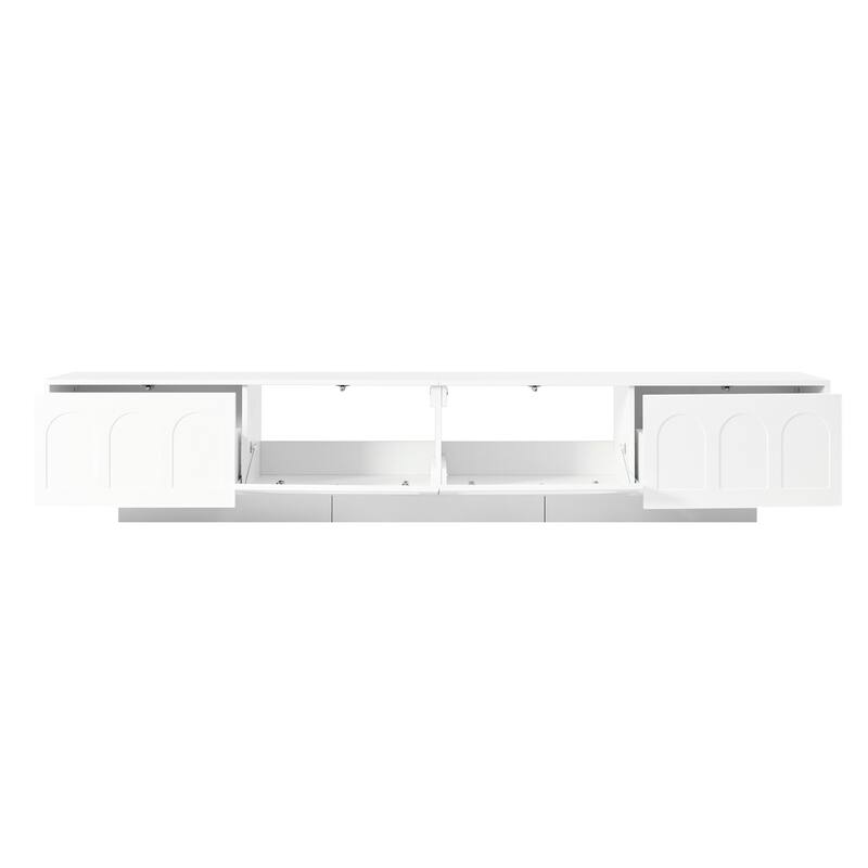Modern TV Cabinet LED TV Cabinet with Fluted Arched Tempered Glass Doors, 2 Drawers and 2 Cabinets, for Living Room, White