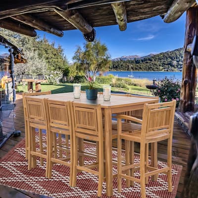 Chic Teak 9 Piece Teak Wood Maldives Patio Bistro Bar Set, 71" Bar Table, 2 Bar Chairs with Arms and 6 Armless Bar Chairs
