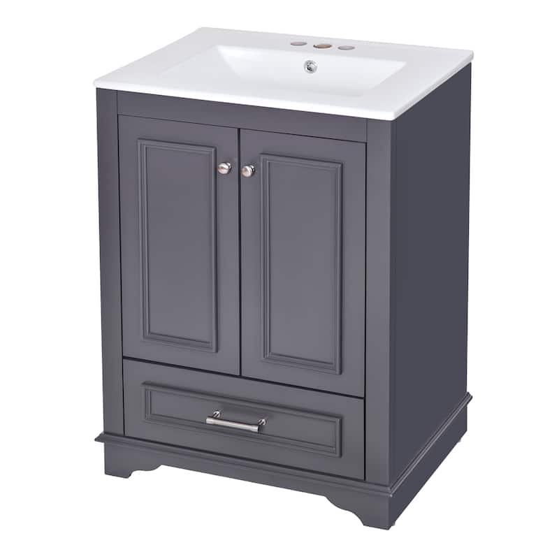 24'' Bathroom Vanity with Ceramic Sink Combo, Modern Freestanding Storage Cabinet with Silver Handles, Soft Closing Doors