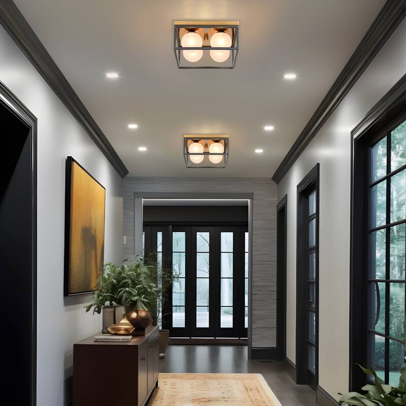 Modern Black Gold 4-Light Semi Flush Mount Ceiling Light with Frosted Globe Glass - D14"xH6.5"