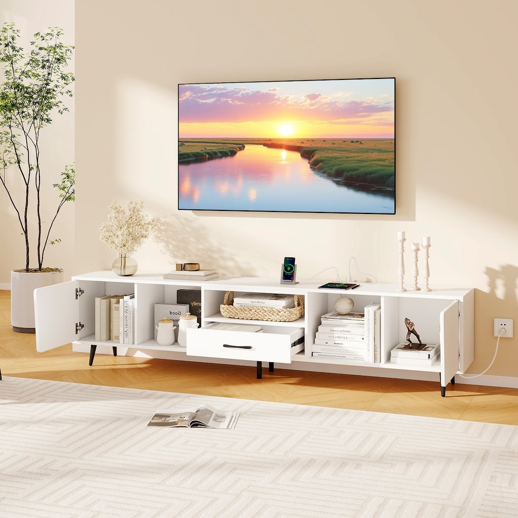 79" White Entertainment Unit with Storage Cabinets Drawer and USB Power Strip Cable Holes for Living Room - 79" x 13" x 18"