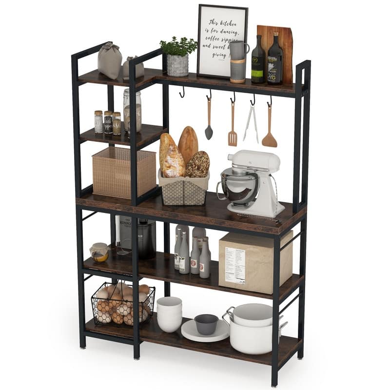 4-Tier Rustic Brown Baker’s Rack with S-Shape Hooks