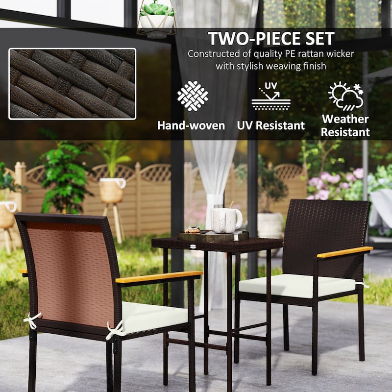 2-Piece UV-Resistant Rattan Outdoor Dining Chairs Set with Removable Cushion Covers and Acacia Armrests