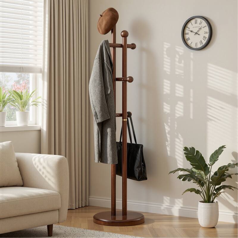 Freestanding Coat Rack Wooden Coat Tree with 6 Hooks and 2 Main Rods - 73.23"H x 15.75"W