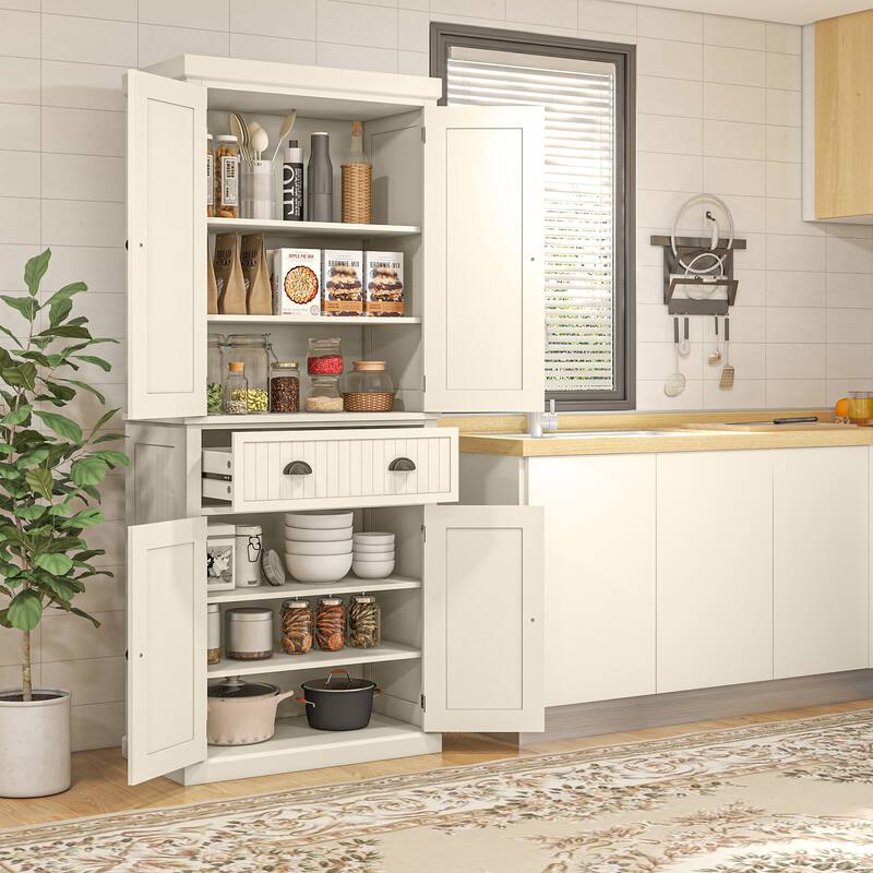 Traditional Tall Storage Cabinet with 4 Doors, Drawer and 3 Adjustable Shelves