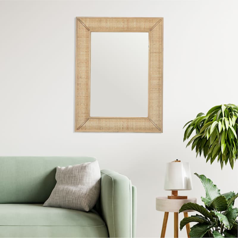Wood Framed Wall Mirror with Rattan Detail