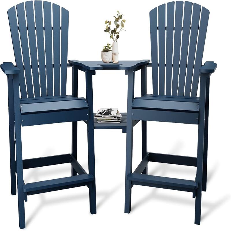 2-Pack Adirondack Bar Stools High-Back Outdoor Patio Chairs with Cup Holder Tray - Blue