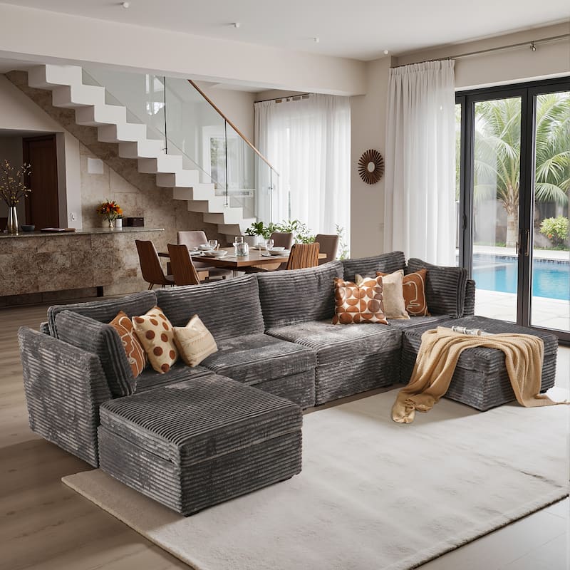 HOOOWOOO Modular U-shaped Corduroy Fabric Sectional Sofa Couch with Ottoman - Grey-Plush