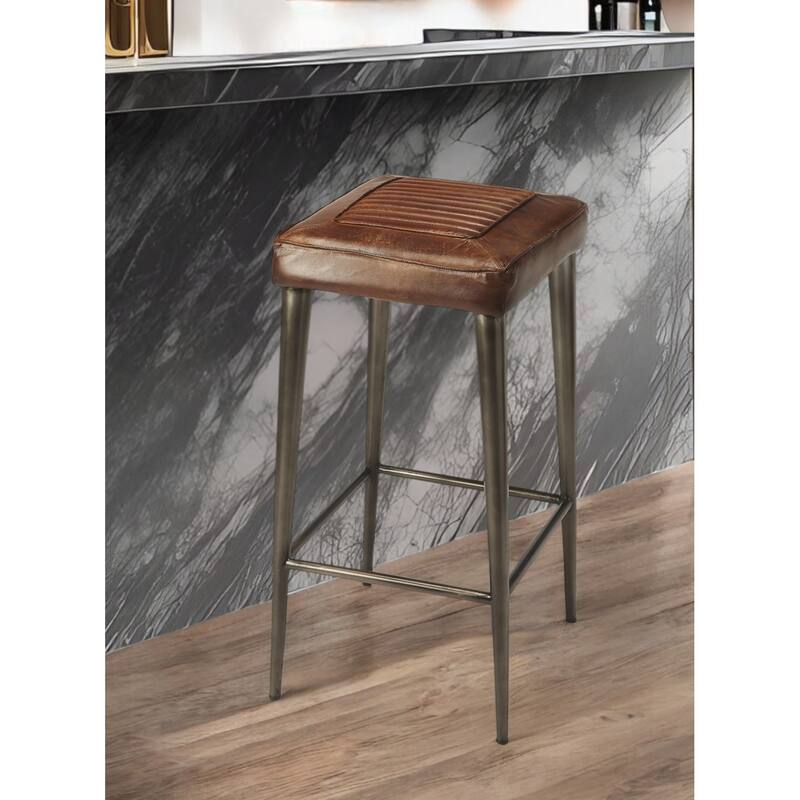 Brown-Grey Leather and Wood Backless Bar Stool with Iron Frame and Footrest - 17” L x 16” W x 32” H