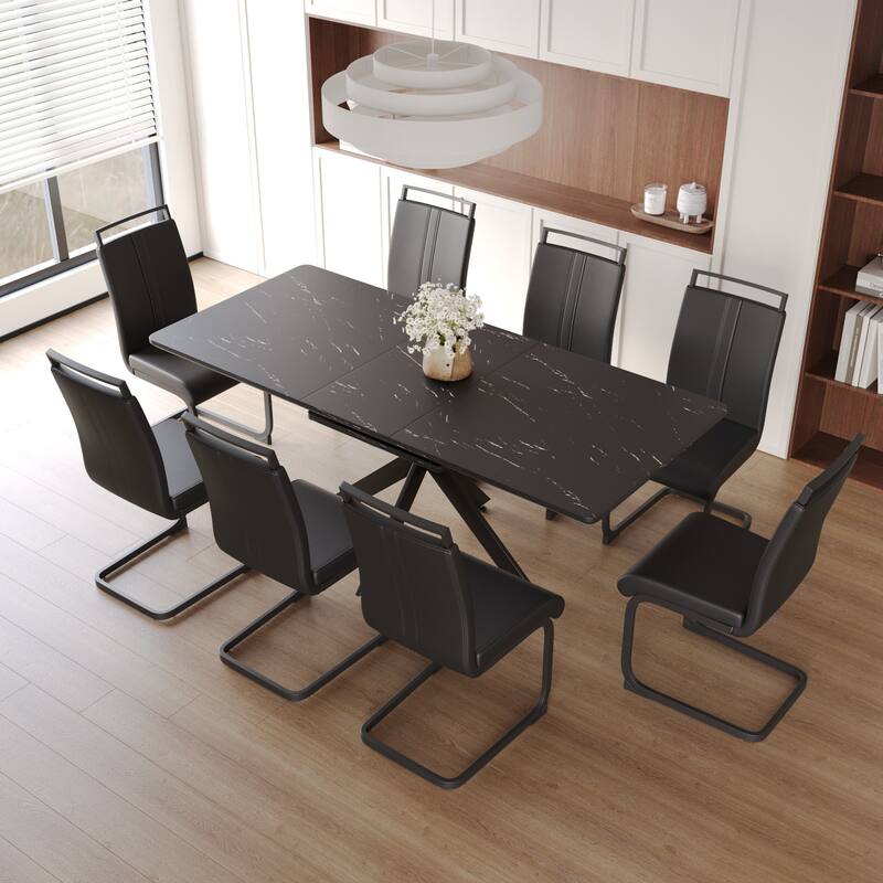 Durable Table and Chair Set for Home Office, Extendable Dining Table with Metal Legs, Upholstered Dining Chairs