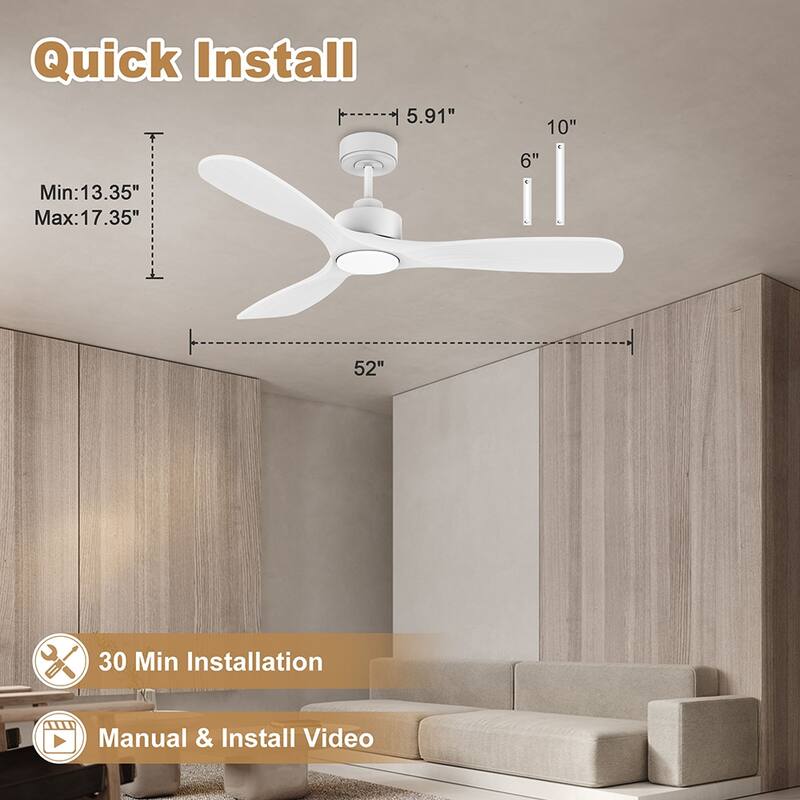 52 in. Modern Outdoor Indoor White Ceiling Fans with LED Lights Remote, Voice Control via WIFI Alexa App, Quiet DC Motor