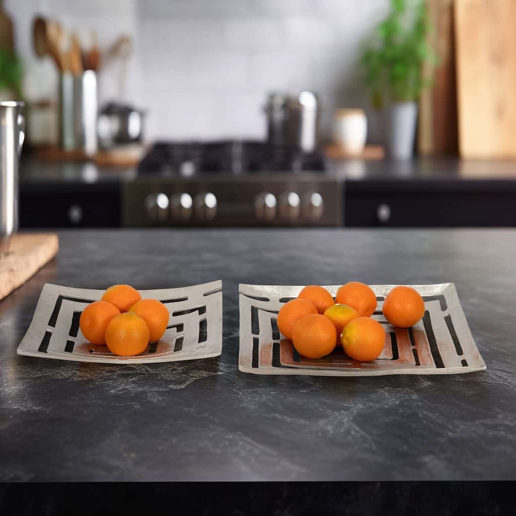 Metal, Set Of 2 14/17" Cutout Plates, Silver, Square, 3"H, Solid Color - 17" x 17" x 3" - 17" x 17" x 3"