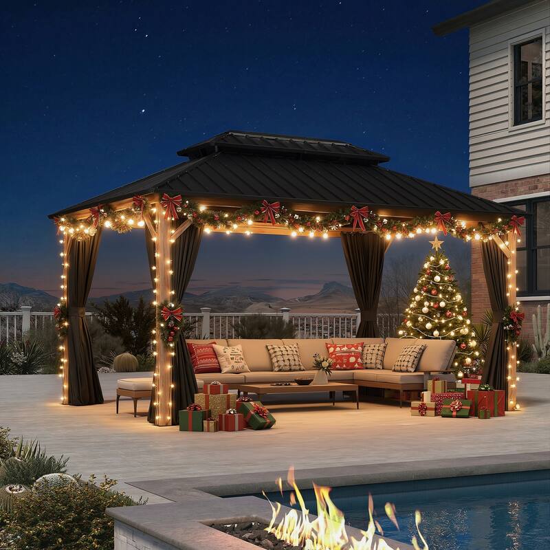 PURPLE LEAF Patio Hardtop Gazebo for Outdoor Wood Grain Aluminum Frame Galvanized Steel Double Roof and Backyard Garden