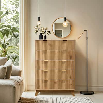 5 Drawer Fluted Dresser, 48" Tall Modern Wood Storage Chest