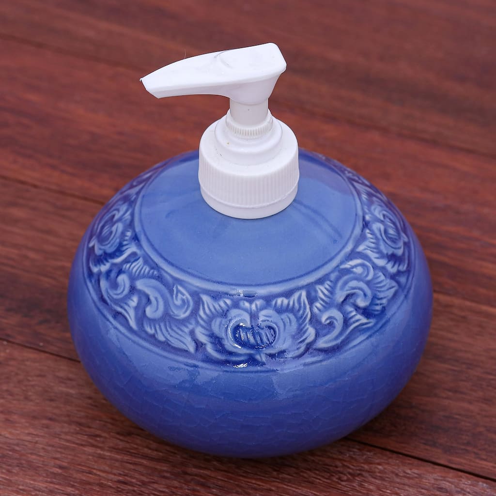 Novica Handmade Fragrant Bath Celadon Ceramic Soap Dispenser - Blue