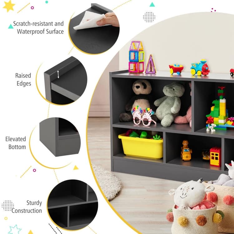 Children's Wooden Toy Storage Cabinet with 2 Shelves and 5 Cubes - 44" x 12" x 24" (L x W x H)