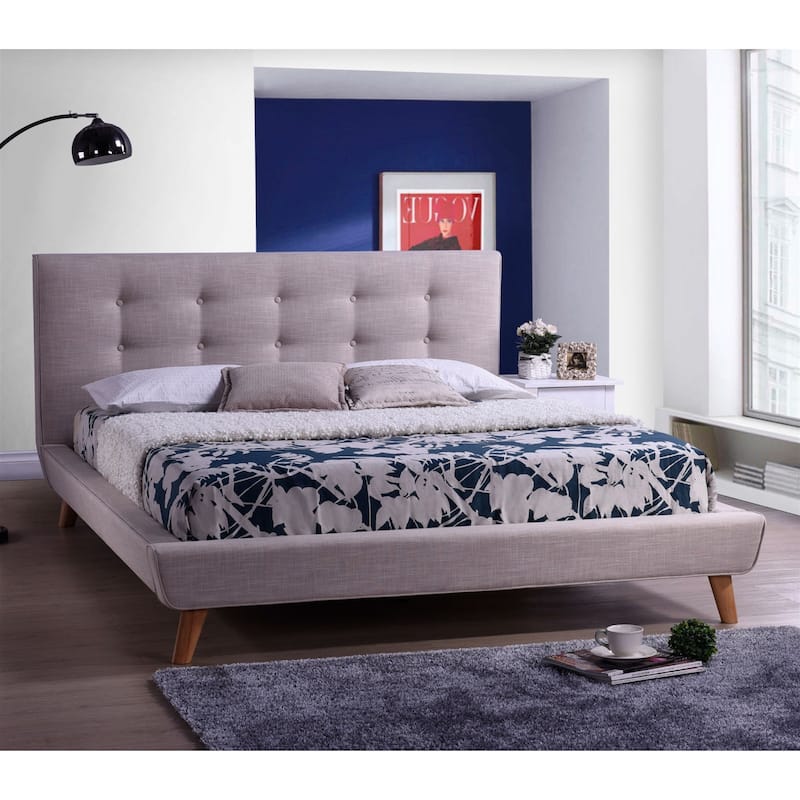 Full size Modern Classic Beige Linen Upholstered Platform Bed with Button Tufted Headboard