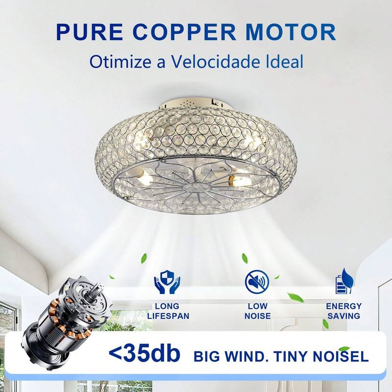20'' Modern Flush Mount Crystal Ceiling Fans with Remote, 6 Speeds DC Motor Reversible Chandelier Ceiling Fan For Bedroom