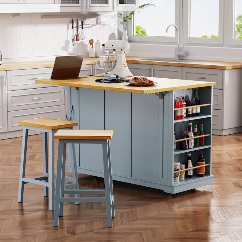 53'' Large Kitchen Island,2 Bar Stools,Power Outlet,Door Internal Storage Rack,5 Wheels,Drop Leaf,5 Open Side Racks,3 Drawers