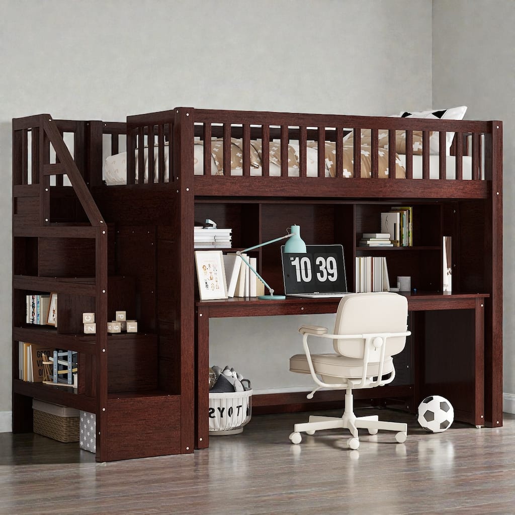 Loft Bed with Movable Desk, Storage Stairs & Shelves, Solid Wood Twin/Full High Loft Bed with Study Area & Safety Guardrails