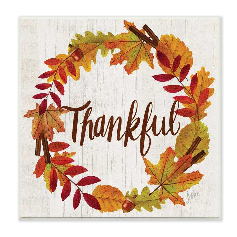 Stupell Autumn Tree Leaf Wreath Thankful Sentiment Home Sign Wood Wall Art,12 x 12 - Orange - 12 x 12