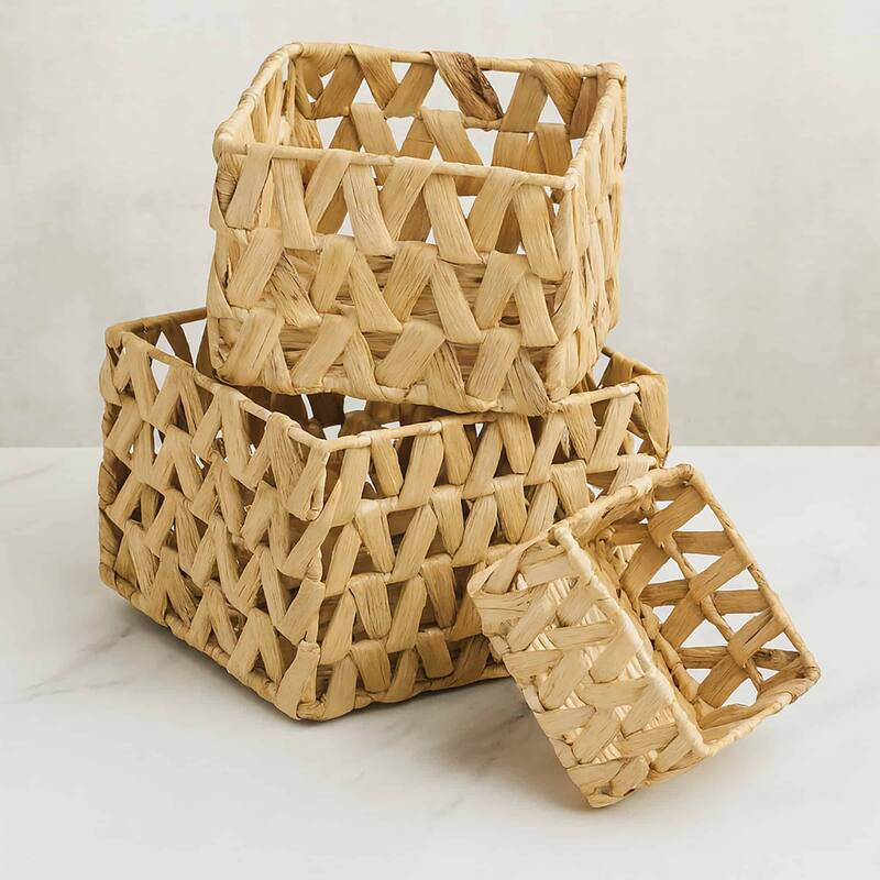 Rectangular Braided Water Hyacinth Baskets Handles Natural Set of 3 - 9"L x 8"W x 6"H - 9"L x 8"W x 6"H - Natural