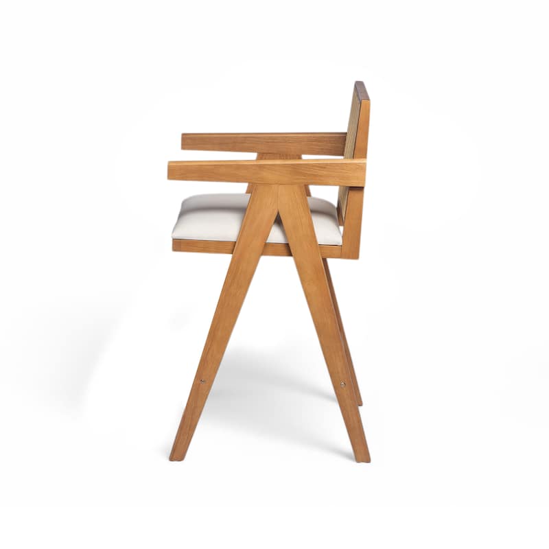 27" Height Woven Cane Plastic Backrest Bar Stool - Foam-Padded Fabric Seat & Durable Rubberwood Frame
