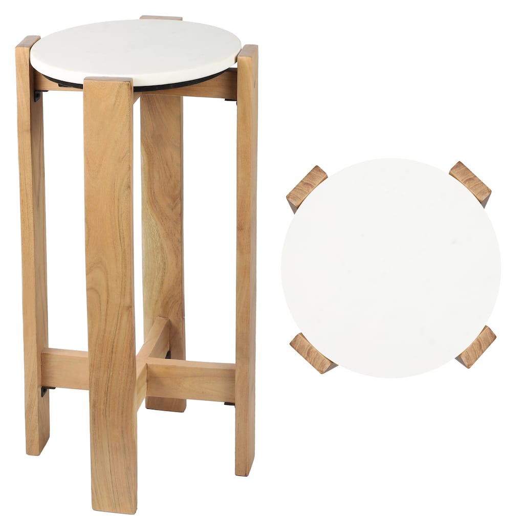 Elena 24″ Minimalist Structured Wood Drink & End Table, White Marble Round Top, By JONATHAN Y