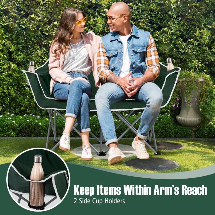 Green Oxford Cloth Metal Folding Camping Loveseat with Cup Holders