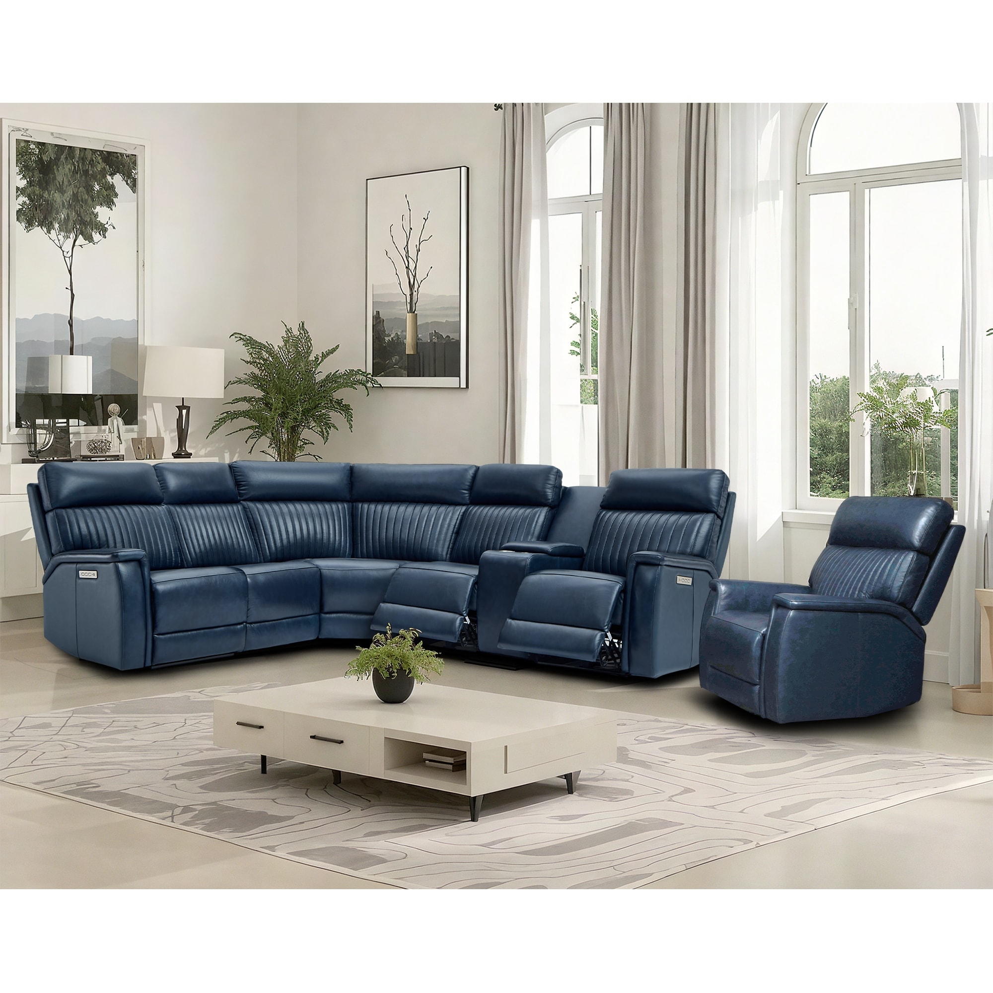105" W Genuine Leather Power Sectional with Recliner Sofa Set with Single Console, USB&USB-C Ports, 1 Power ArmlessChair