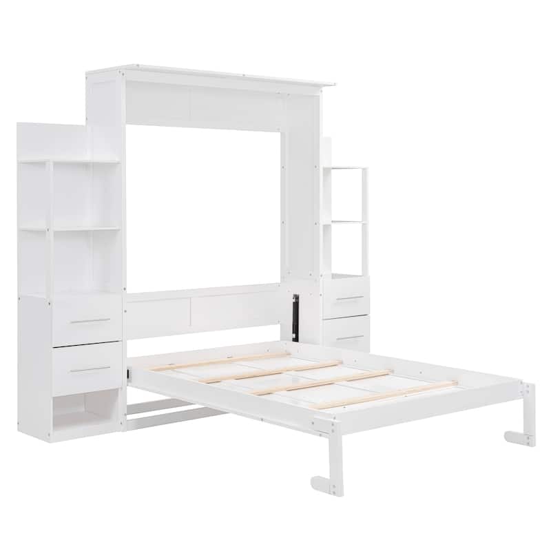 Full Size Murphy Bed Wall Bed with Shelves, Drawers and LED Lights, White