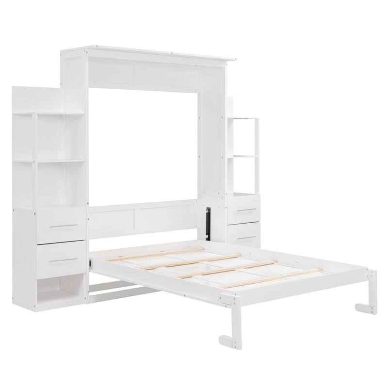 Murphy Bed Foldable Bed with Two 4-Layer Shelves Space Optimizing Wall Bed with 4 Drawers and LED Lights for Bedroom Apartment
