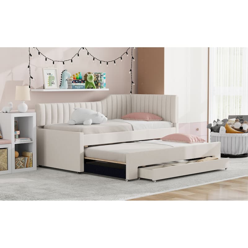 Twin Size Upholstered Daybed with Trundle and 3 Storage Drawers, Linen Blend Fabric