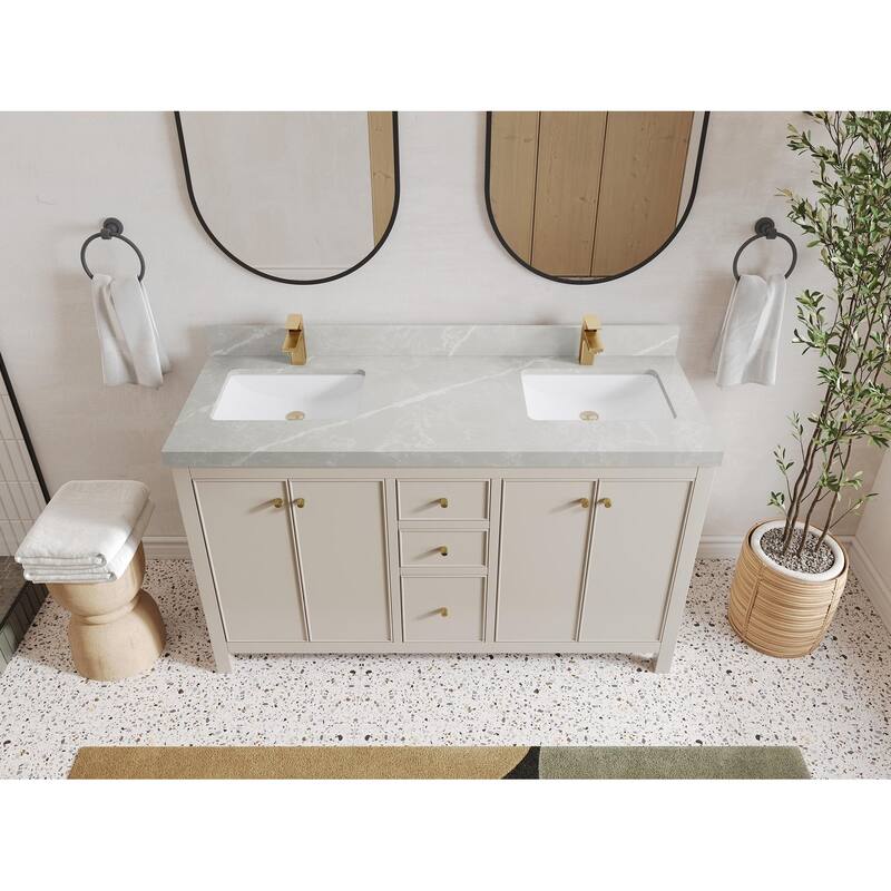 Willow Collections 60 in. W x 22 in. D Chicago Double Sink Bathroom Vanity with Countertop - 2” Pearl Gray - Fine Grain