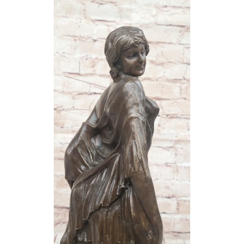 Smiling Coy Classical Female Figure Bronze Statue Sculpture On Marble Base By Aldo Vitaleh