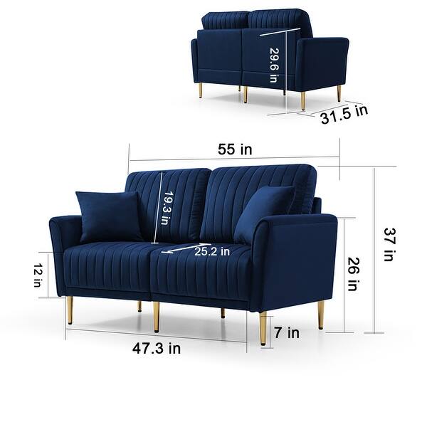 dimension image slide 1 of 5, 2 Piece Living Room Sofa Set, Velvet Upholstered, Solid Manufactured Frame, Reversible Cushions, Metal Feet, Flared Armrests