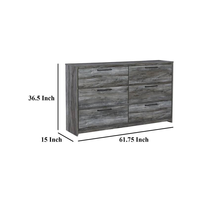 Bays 62 Inch Dresser, 6 Drawers, Modern Farmhouse Laminate Smoky Gray