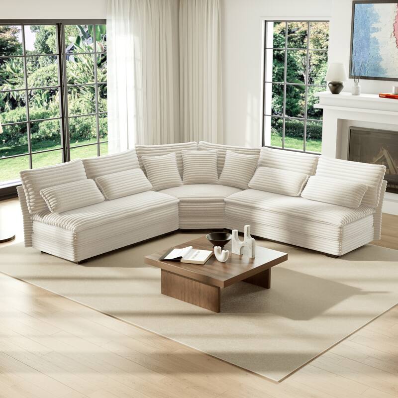 5-Seater L-Shaped Sectional Sofa with Curved Corner - Plush Corduroy Fabric, 7 Pillows (3 Throw + 4 Lumbar) - White