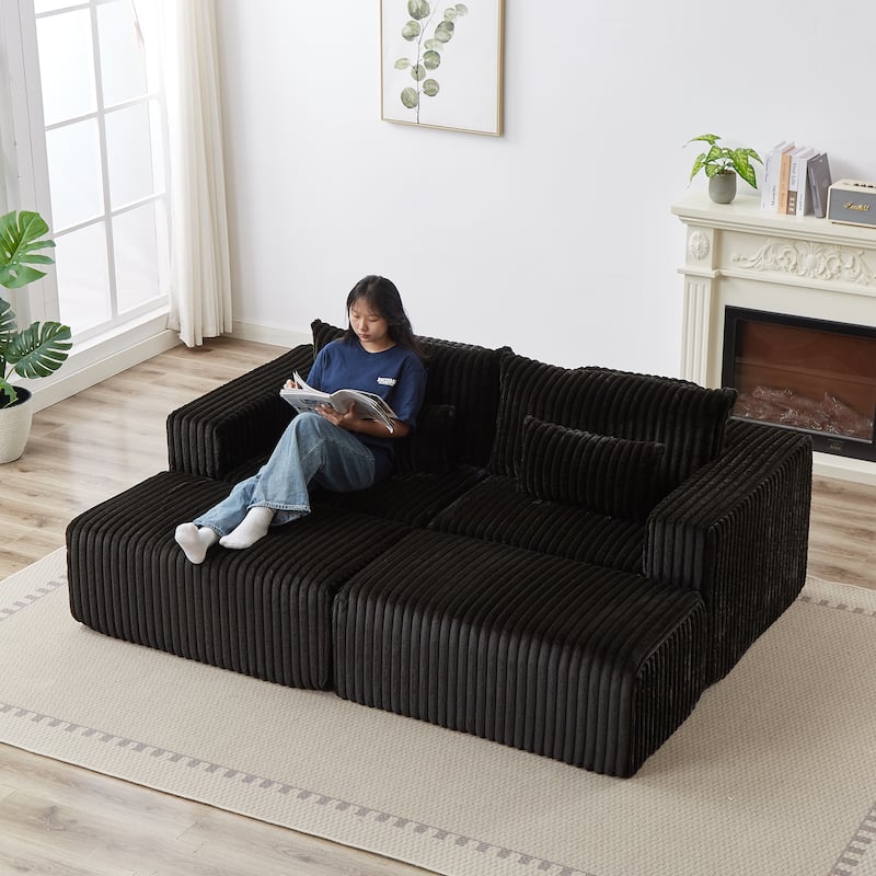 Roomfitters 87" Modern Corduroy Lounge Chaise, Cloud Plush Loveseat Sofa, No Assembly Reclining Sleeper Sofa