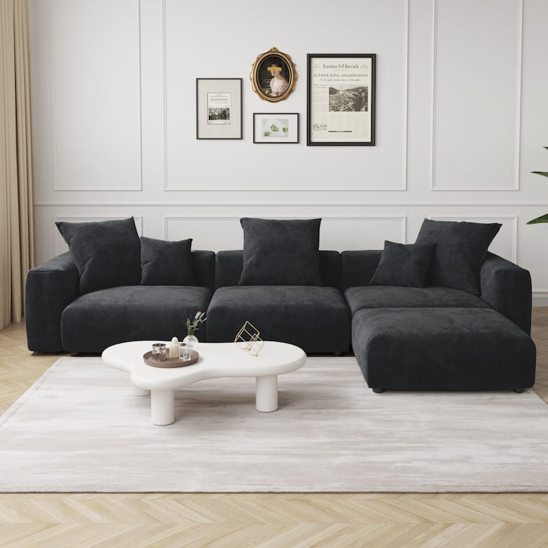 142" L-shape Oversized Corduroy Sectional Sofa Classic Deep Couch with Ottoman