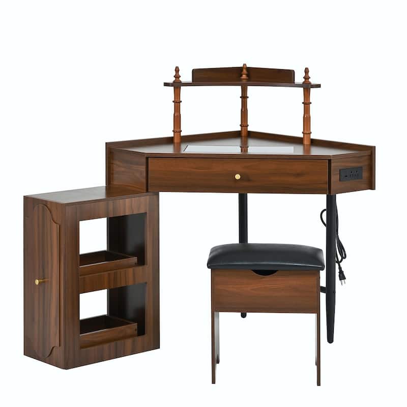 Triangle Makeup Desk with Removable Pull-Out Side Cabinet, Glass Tabletop Makeup Vanity with Drawer and Shelf
