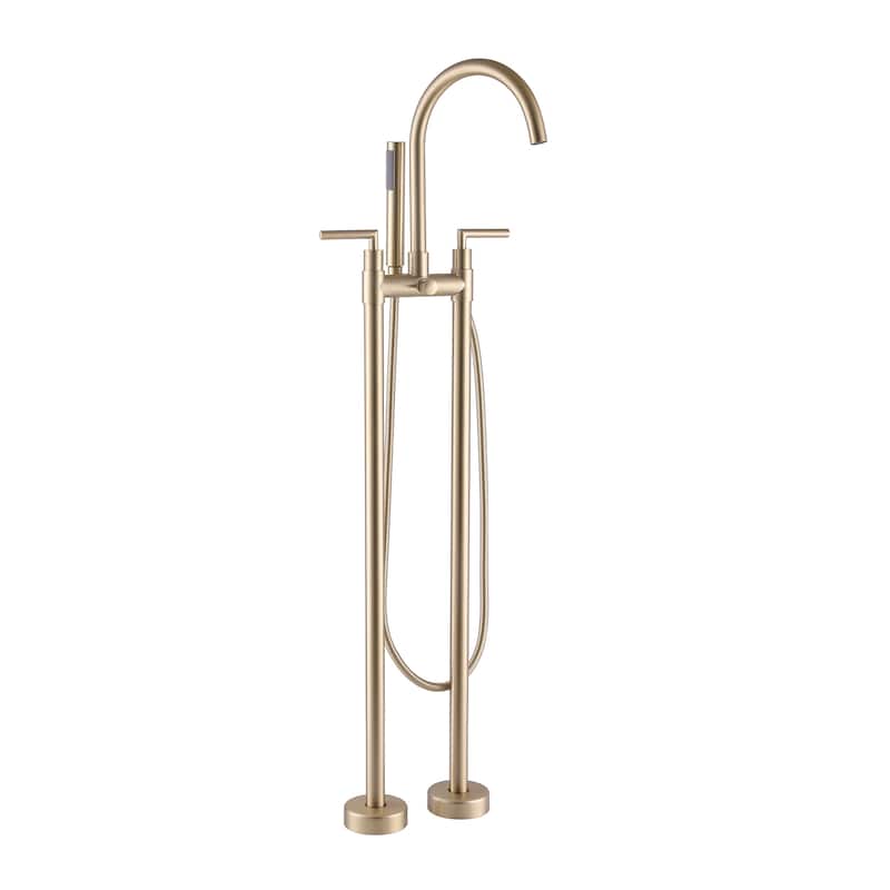 46"H Solid Brass 2-Handle Floor Mounted Tub Faucet with Diverter and Handheld Shower - Brushed Gold