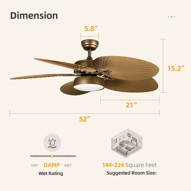 52" Moasis Palm Leaf Ceiling Fan LED Light Tropical Style with Remote