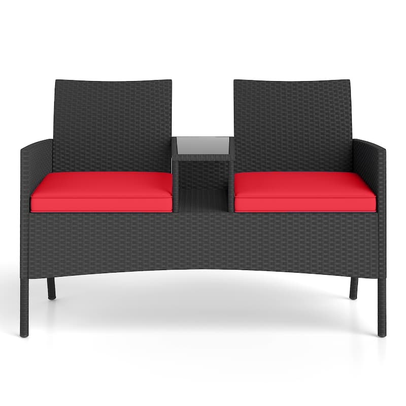 Black Rattan Metal Patio Loveseat with Cushions and Glass Table - 24.5" x 49" x 33" - Red
