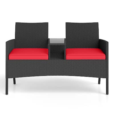 Black Rattan Metal Patio Loveseat with Cushions and Glass Table - 24.5" x 49" x 33"