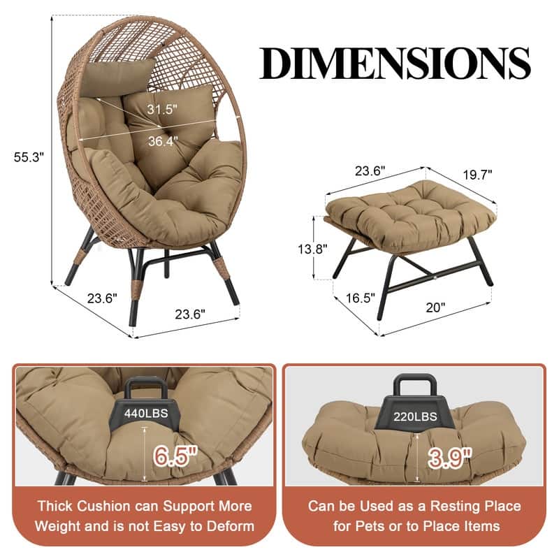 FINCATI Oversized Wicker Egg Chair with Ottoman Indoor Outdoor Accent Chair