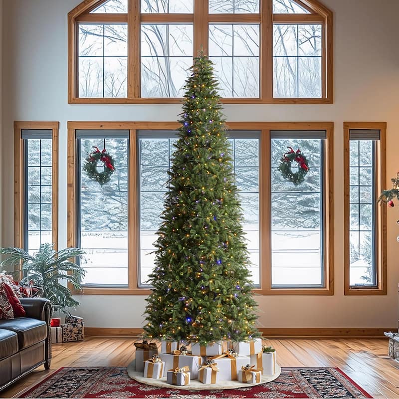 Glitzhome 11ft Pre-Lit Green Slim Fir Artificial Christmas Tree with 850 LEDs & 9 Light-Modes